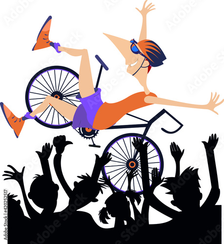 Cartoon man rides a bike and wins the race illustration. Cyclist wins a race and is tossed up at the finish by fans hands isolated on white
