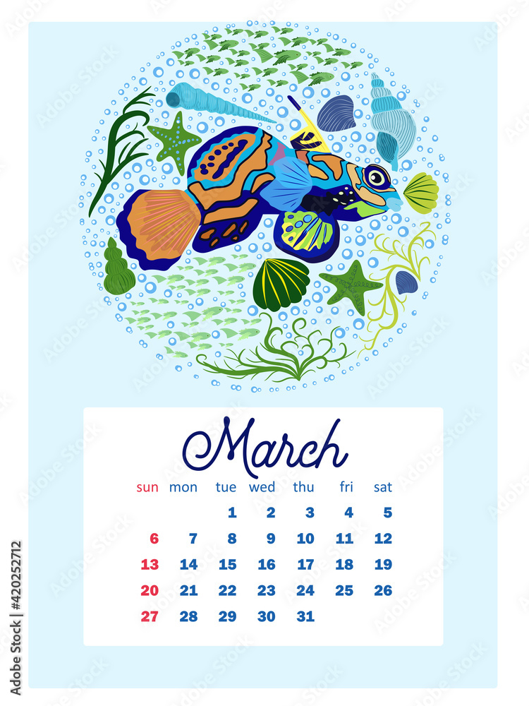 Marine life. calendar design template for 2022, A4 format. Week starts on Sunday. Whale, mermaid, snail, shark, crab, stingray, seahorse, dolphin, octopus, turtle