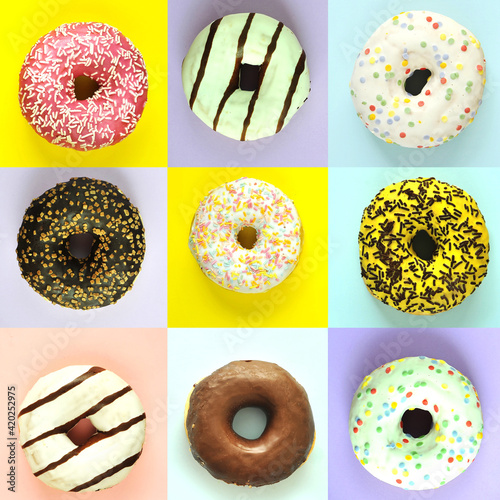 Collage with delicious donuts on colorful background. National donuts day. Food pattern.