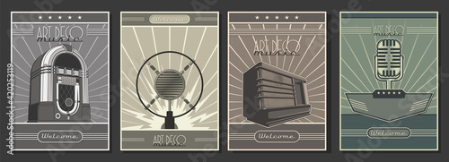 1920s - 1940s Art Deco Style Posters Template Set, Retro Radio, Microphones, Jukebox