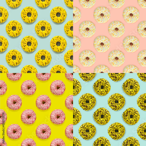 Collage with delicious donuts on colorful background. National donuts day. Food pattern.