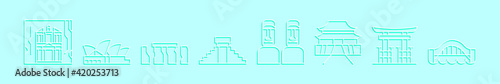 set of country landmark cartoon icon design template with various models. vector illustration isolated on blue background