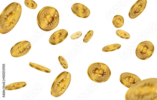 Bitcoin coins flying on a white background. Gold coin money isolated. EPS file.