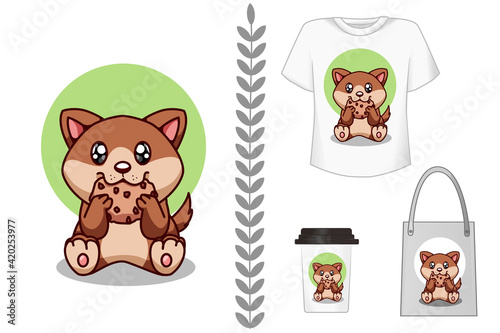 Mockup dog eating cookies cartoon illustration