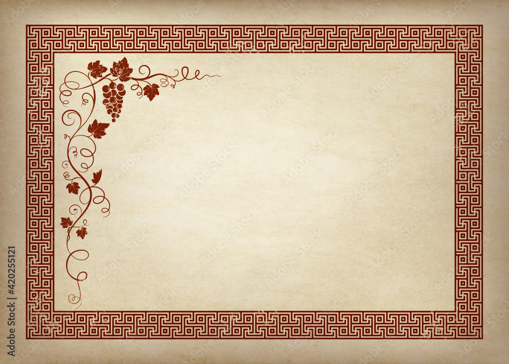 Obraz premium Rectangular framework on old parchment. Ancient Greek style. Decorative corner with bunch of grapes, vignettes and leaves.