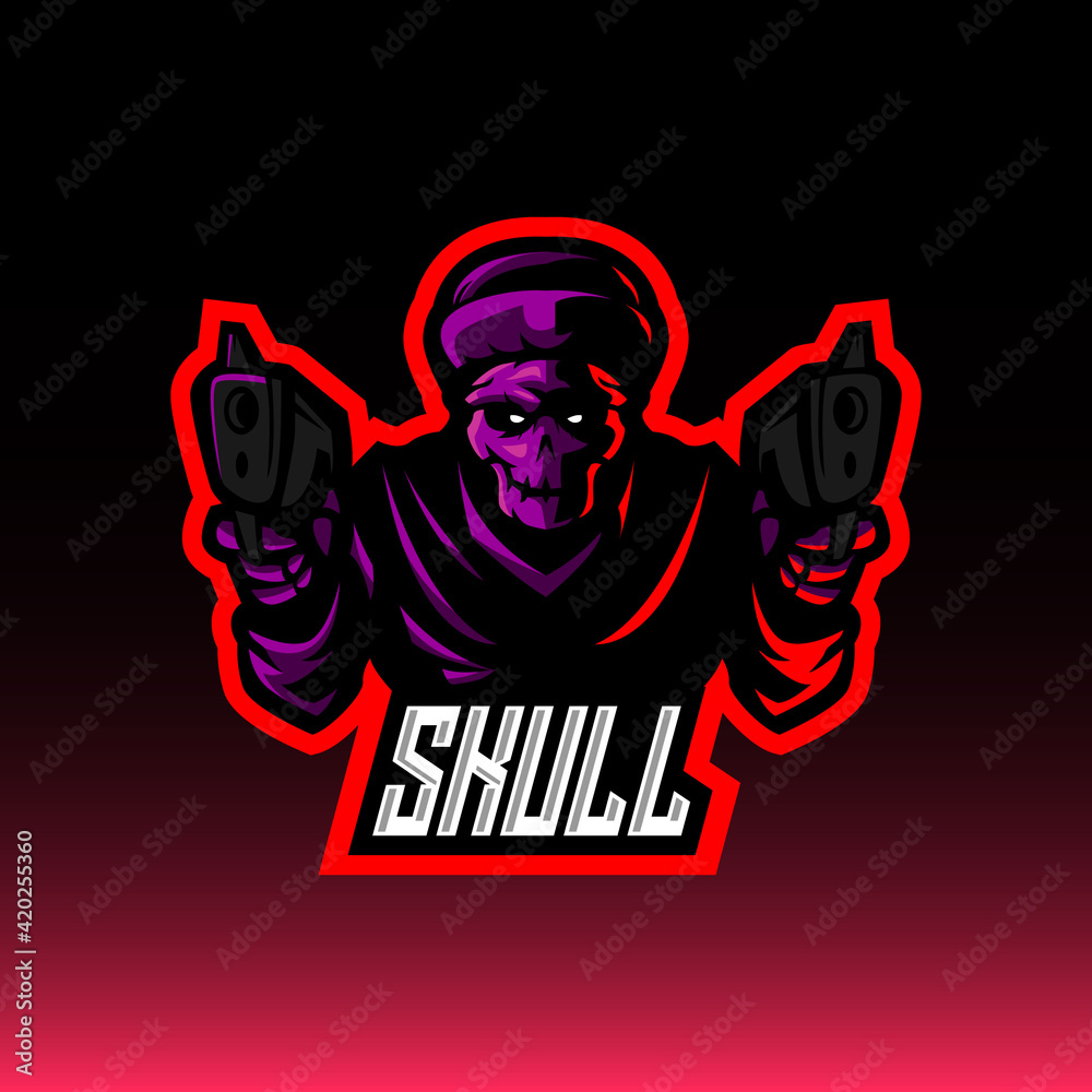 evil skull hold gun mascot logo