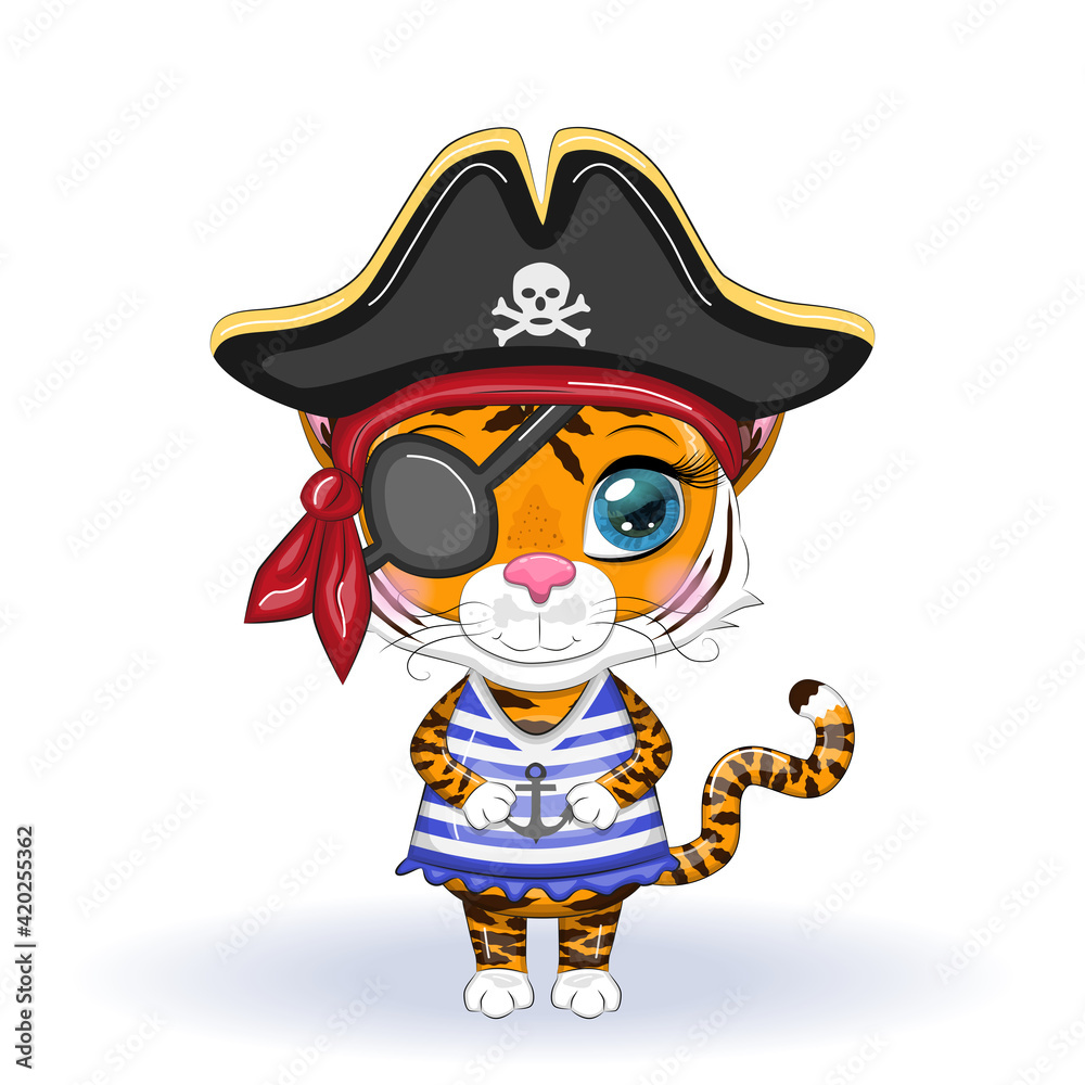 Cute cartoon tiger with beautiful eyes in the image of a pirate. Illustrations for Chinese New Year 2022, Year of the Tiger