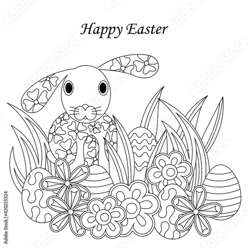 Coloring book for adults and older children, Happy Easter Card . Cute bunny, Easter eggs and flowers. Cartoon style