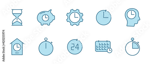 time and clock flat vector icons in two colors isolated on white background. time and clock blue icon set for web design, ui, mobile apps and print