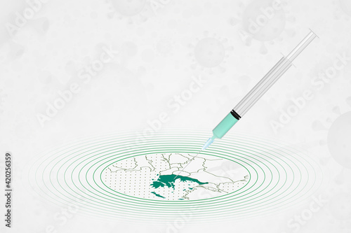 Greece vaccination concept, vaccine injection in map of Greece. Vaccine and vaccination against coronavirus, COVID-19.