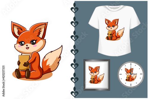 Mockup pretty fox with book cartoon illustration