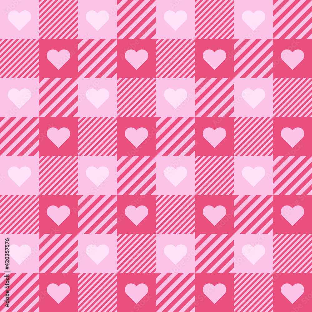 Seamless plaid background pink heart shape. Textured for fabric pattern, tile, book cover, poster, flyer, magazine, packaging, tablecloth, wall. Vector illustration.