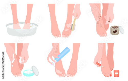 Foot spa. Foot skin care step by step.Healthy legs. Foot scrub, pedicure
