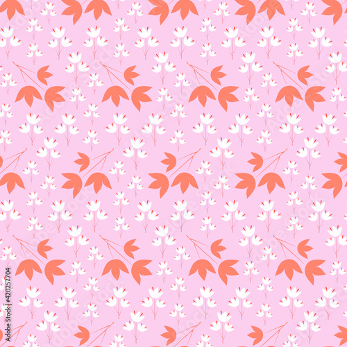 Seamless pattern with white flowers and decorative elements of branches on a pink background. Floral background with abstract flowers.