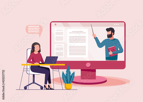 Woman using laptop, online education. Working from home, remote job