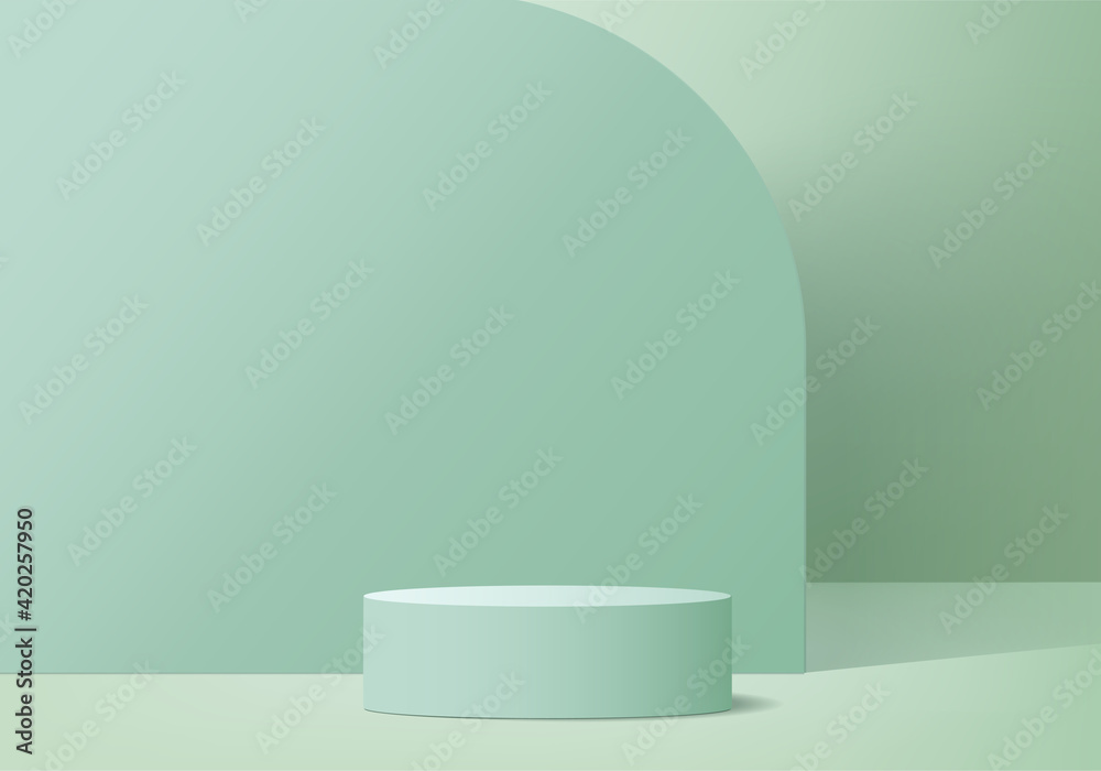 3d display product abstract minimal scene with geometric podium platform. cylinder background vector 3d rendering with podium. stand for cosmetic products. Stage showcase on pedestal 3d green studio - obrazy, fototapety, plakaty 