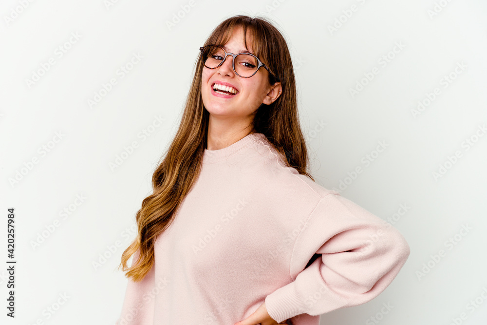 Young caucasian cute woman isolated on white background confident keeping hands on hips. Young caucasian cute woman isolated on white background confident keeping hands on hips.