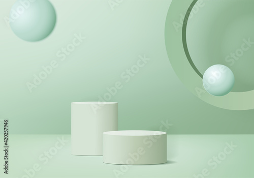 3d display product abstract minimal scene with geometric podium platform. cylinder background vector 3d rendering with podium. stand for cosmetic products. Stage showcase on pedestal 3d green studio