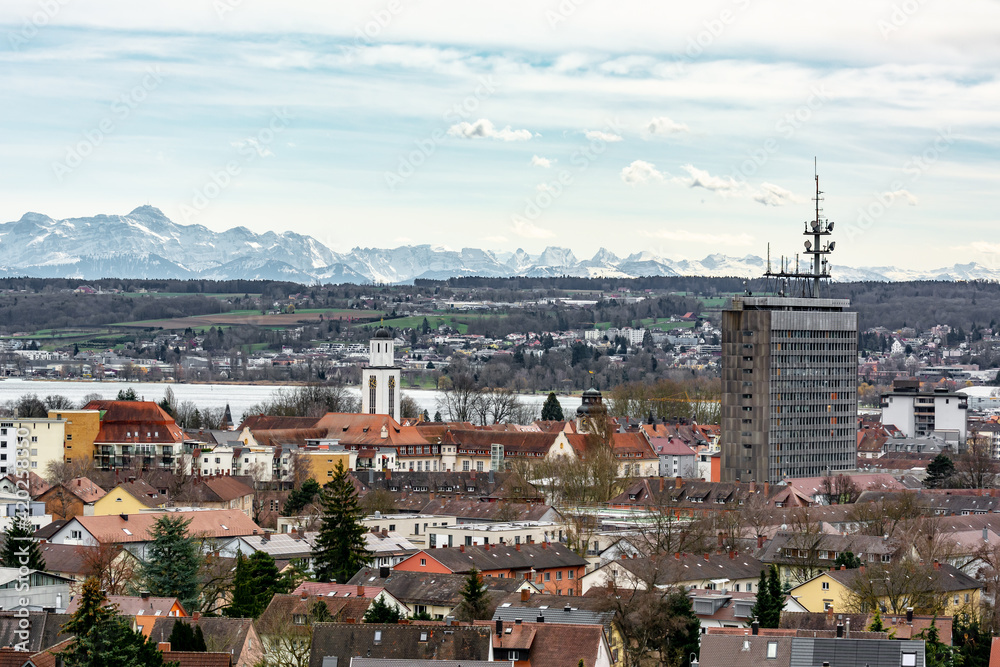 City of Constance at Constance Lake with mountains of Swiss Alps