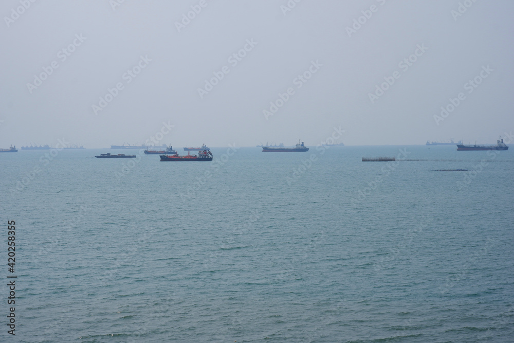 The bulk of the cargo ships at sea await their disembarkation.
