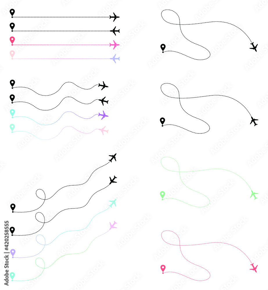 Different and colorful airplane flight route set. Aircraft tracking path. Airplane line path. Gradient colors.  Vector illustration.