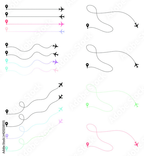 Different and colorful airplane flight route set. Aircraft tracking path. Airplane line path. Gradient colors.  Vector illustration.