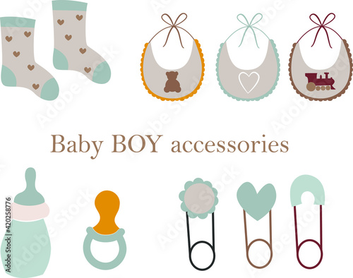 Vector Baby boy accessories. Nursery hand-drawn socks, pins, bottle, nipple, bibs on white background. Pastel colors.