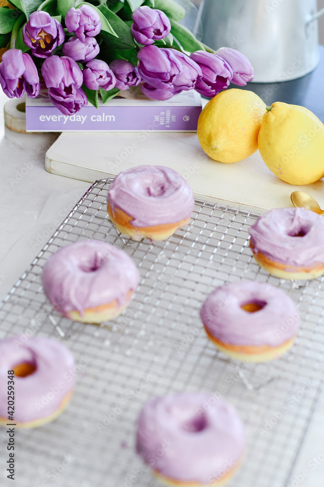 Colorful dessert purple donuts Spring Easter Colorful dessert purple donuts Spring Easter