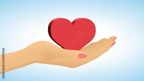 Hand holding big red heart. Love, friendship, desire. Copy space on hearth. Dimension 16:9. Vector illustration.