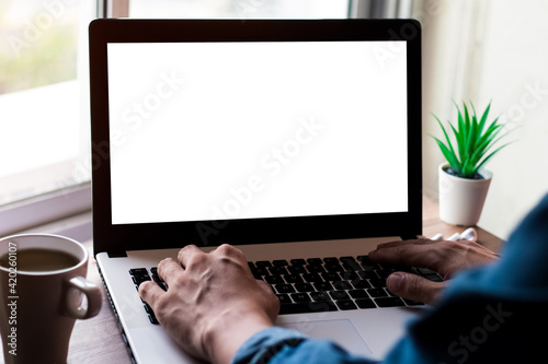 Mockup Copy Space Computer Notebook Laptop Concept , keyboards on laptop computer with balnk copy screen for your advertising content, White screen.