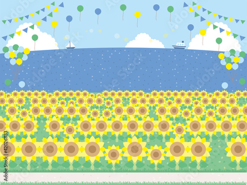 シンプルなひまわり畑の背景イラスト 後ろに海があるバージョン