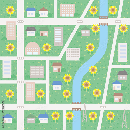 シンプルな夏の街並みの背景イラスト 地図のようなバージョン