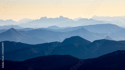 Blue gradient in the French Alps seen from the Mont Ventoux at sunrise