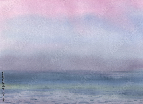 Watercolor illustration of the sea. Morning fog on the sea. Painted with watercolor painting. Watercolor on paper, texture in magenta color.