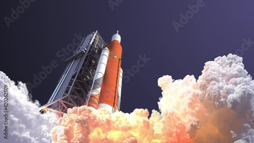 Big Rocket Launch. Slow Motion. 3D Animation. 4k.  photo