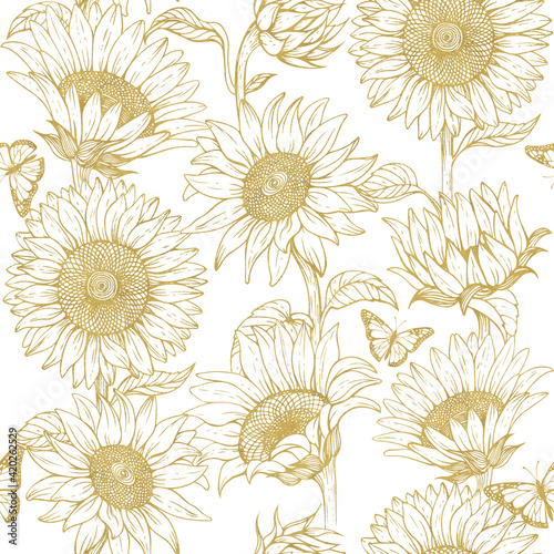 A pattern with sunflowers drawn in a sketch style. Sunflowers have a golden texture.