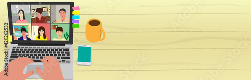 Online meeting. Video conference. home, live meeting, desktop PC, web camera, sticky, tag, lesson, vector illustration, graphic, work from home job, remote work, white, yellow, landscape, hands