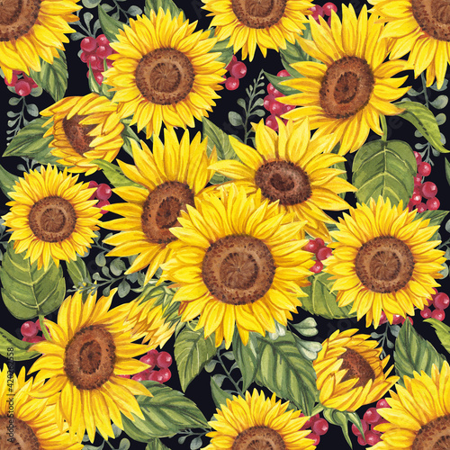 Watercolor pattern with a field of sunflowers on a black background. Perfect for designer paper, scrapbooking, textile.