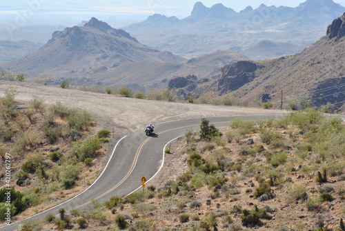 Sitgreaves Pass, Arizona, Old Route 66 near Oatman. car and bike