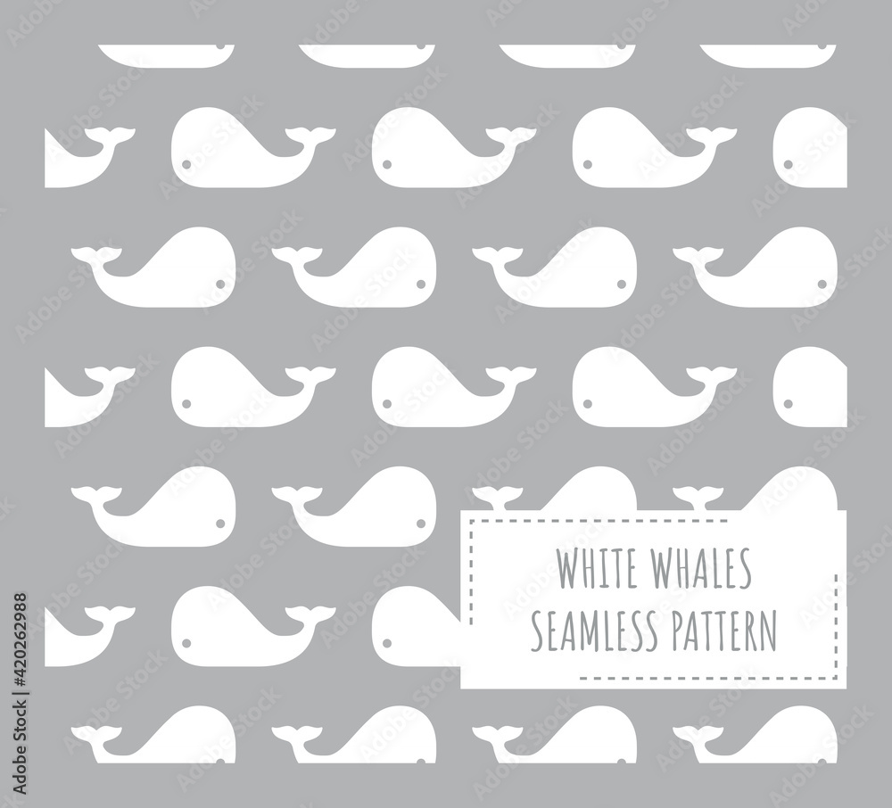 White whales on grey seamless pattern. Kids or baby whale print for fabric or paper.