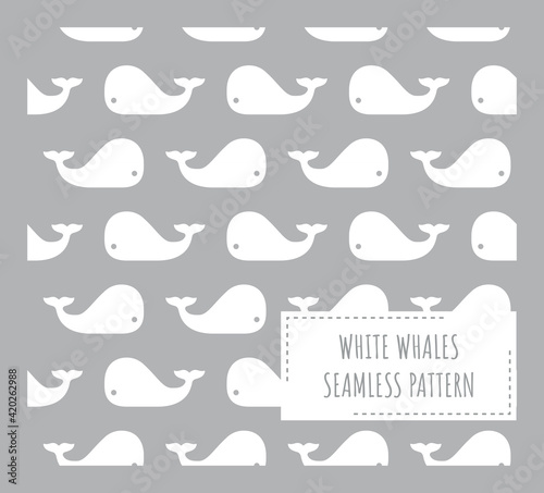 Fototapeta Naklejka Na Ścianę i Meble -  White whales on grey seamless pattern. Kids or baby whale print for fabric or paper.