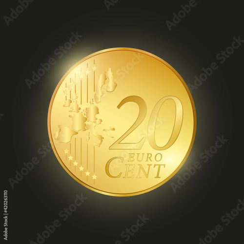 twenty euro cent. Vector illustration of golden coin. Realistic money illustration. Shining luxury coin
