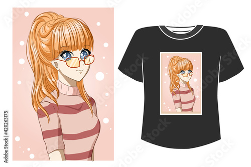 Mockup beautiful girl with glasses cartoon illustration