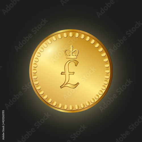 Pound sterling vector illustration. Golden royal coin. Currency GBR on black background. Digital coin.