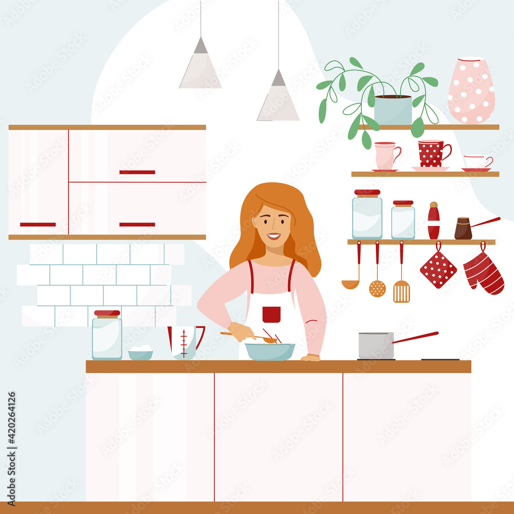 Vector illustration of a beautiful kitchen interior. Flat illustration. Cute smiling girl prepares food. Vector illustration of a beautiful kitchen interior. Flat illustration. Cute smiling girl prepares food.