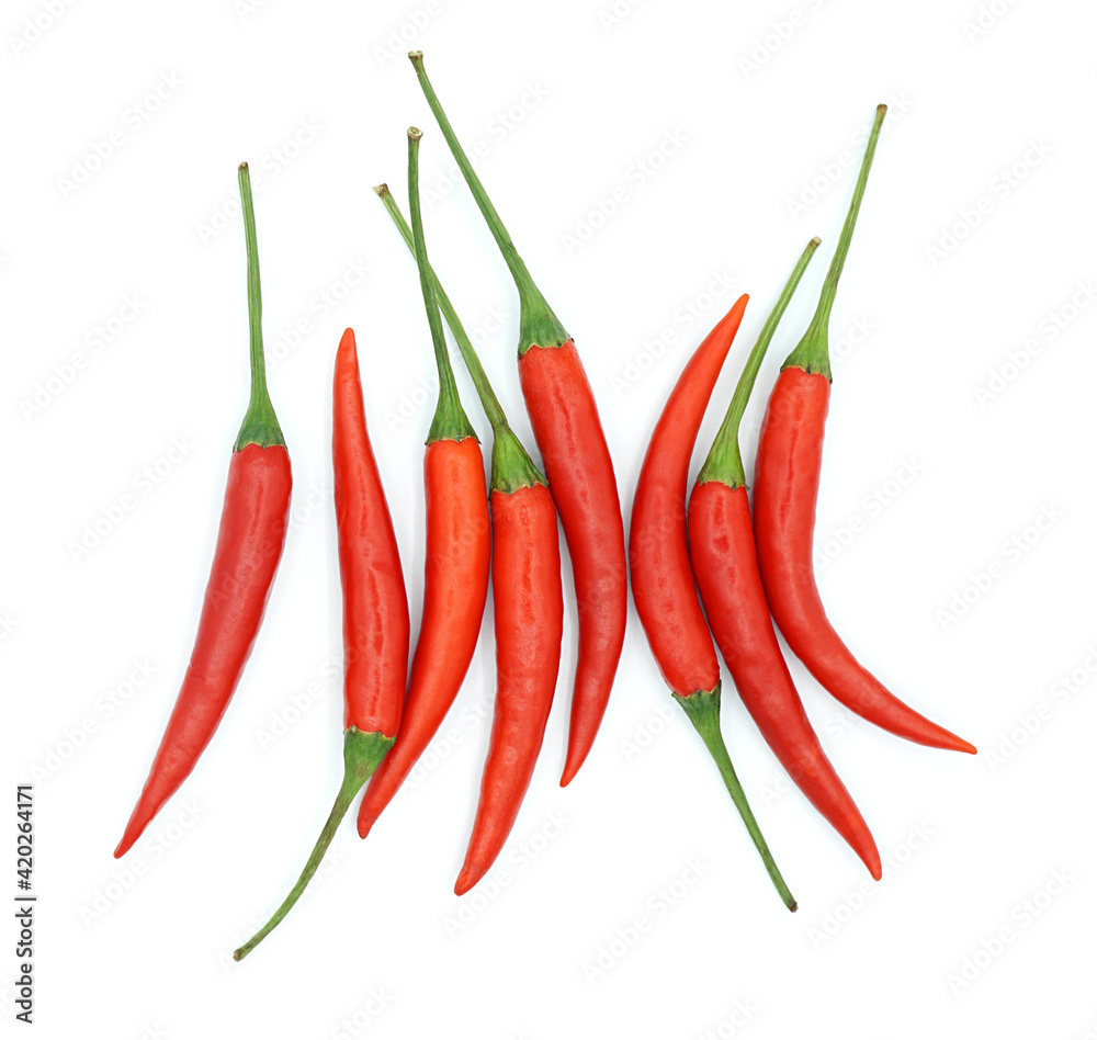 Red chili pepper, Hot spice seasoning, Ingredients for spicy food, Isolated on white background, Top view