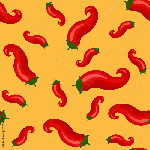 Chili peppers seamless pattern. Red hot pepper on a yellow background. Organic spices mexican and asian dishes. Vector illustration for textiles, banners, wrapping paper, design. 