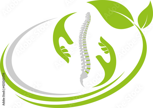 Wirbelsäule, Zwei Hände und Blätter, Orthopädie Logo