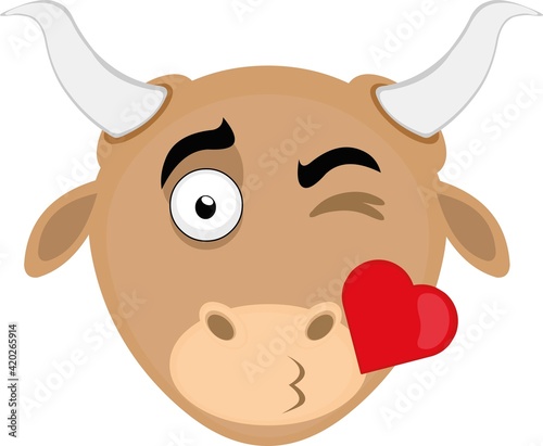 Vector illustration of a cartoon bull's head with a wink in one eye and giving a heart-shaped kiss