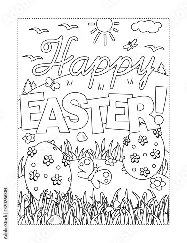 "Happy Easter!" holiday greeting coloring page
